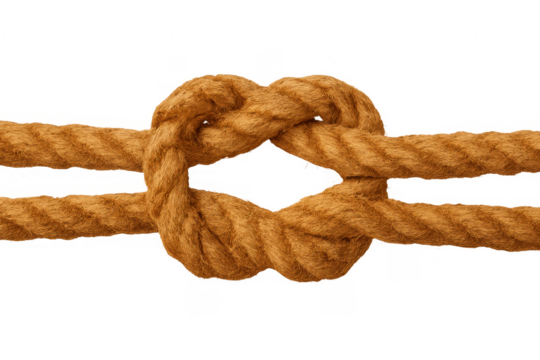 Strong knot tying two ends of thick rope on transparent background