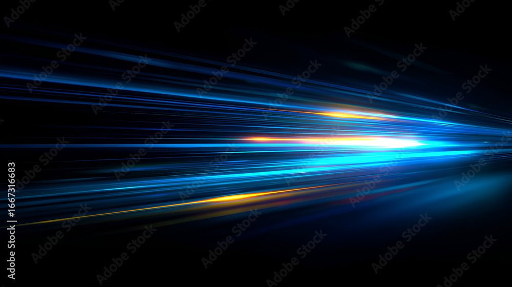 Poster blue beam and light glow in abstract line blur. trail, bright streak effect, flash and ray vector on