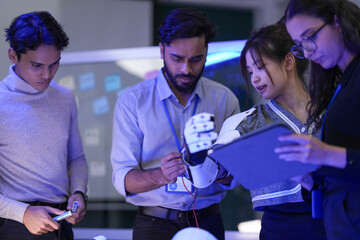 Calibrating a new AI-powered prosthetic. A diverse engineering team witnesses a successful test as the arm's predictive AI flawlessly executes a handshake, based on bio-signal processing data.