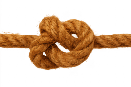 Strong knot tying two ends of thick rope on transparent background