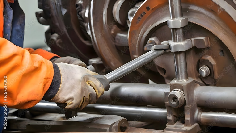 Poster man wearing protective gear while working with a machine and holding a wrench in an industrial facto