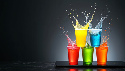 Vibrant Soda Splash Pyramid Studio Shot of Colorful Liquid Splashes in Glossy Cups on Black
