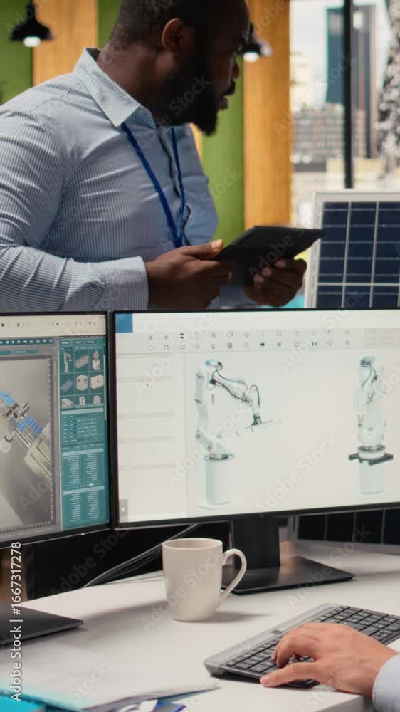Poster rd department colleagues brainstorming ways to make solar panels production lines more eco friendly.