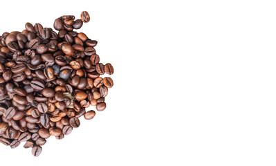 roasted coffee beans with empty space for text on white background