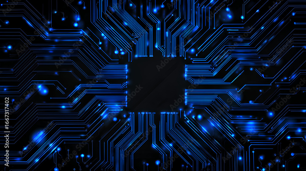 Poster circuit blue board texture on black technology web banner background. ai chip innovation concept. te