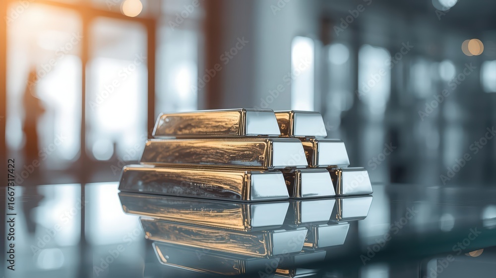 Aufkleber close-up of gleaming silver bars precisely stacked on reflective glass, creating captivating light r