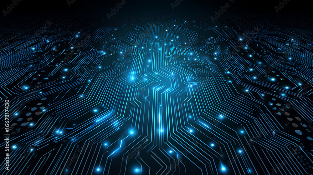 Poster circuit blue board texture on black technology web banner background. ai chip innovation concept. te