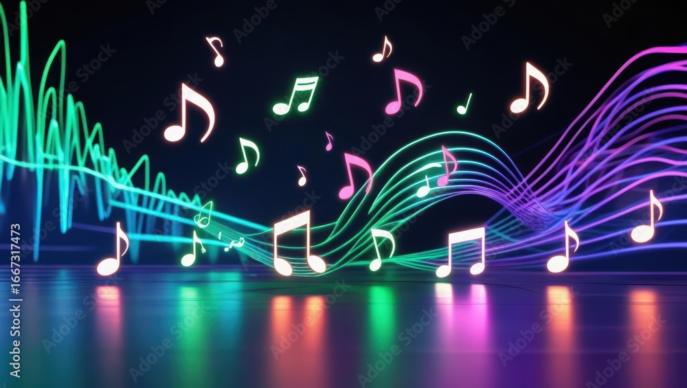 Poster glowing music notes float amidst luminous neon sound waves and holographic light trails in a dark te