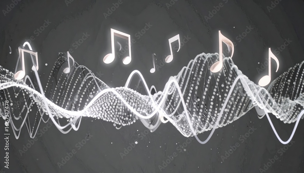 Poster radiant neon sound waves pulsing beneath glowing music notes floating upward in the air create an im