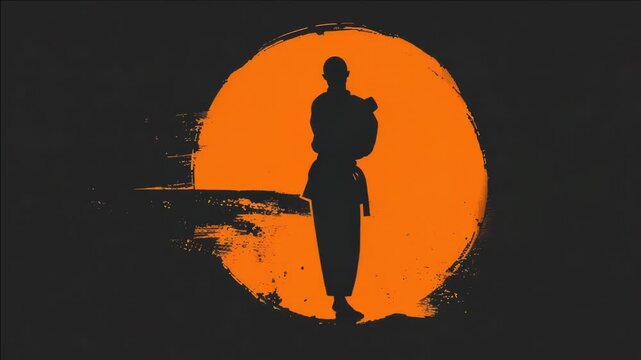 Silhouette of a martial arts figure, possibly a samurai, against an orange-toned sunset backdrop.
