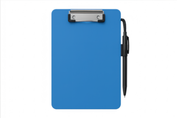 Blue clipboard with pen on transparent background, holding blank paper ready for notes