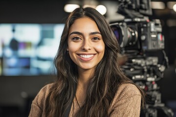 Young Female Videographer Smiling at the Camera in a Studio