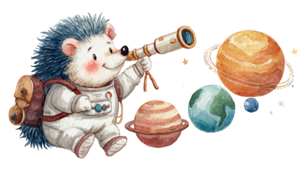 Cute watercolor hedgehog astronaut observes planets through a telescope Space exploration illustration celestial bodies transparent background