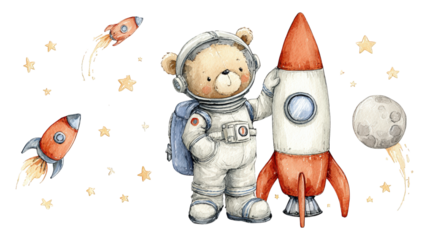 Watercolor teddy bear astronaut standing beside a rocket with flying rockets moon and stars in space isolate