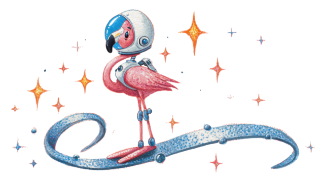 Cute pink flamingo astronaut in a white space helmet and suit standing on a curved blue cosmic trail surrounded by