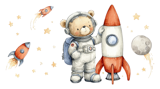 Watercolor teddy bear astronaut standing beside a rocket with flying rockets moon and stars in space isolate