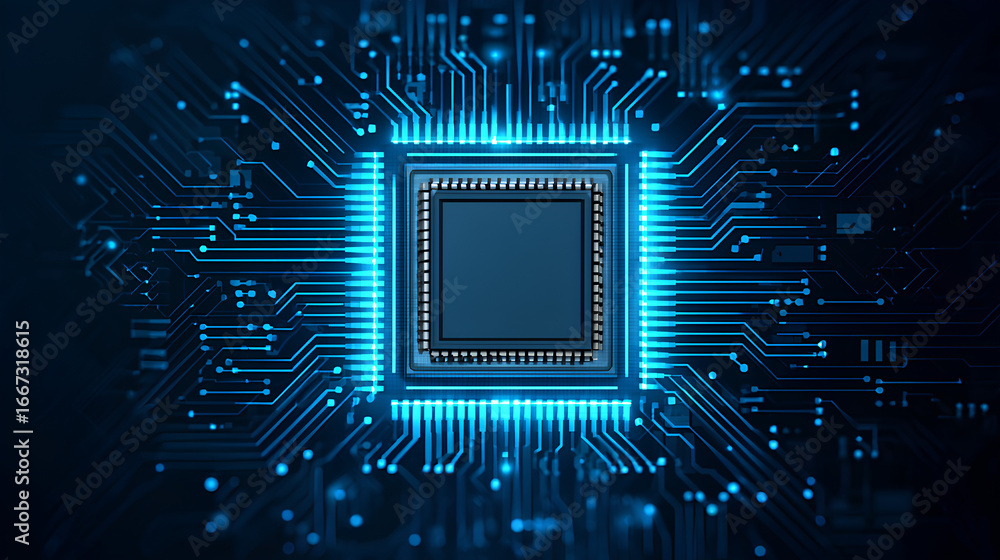 Poster cpu with light glowing neon frame on circuit board. technology semiconductor on blue background. emp