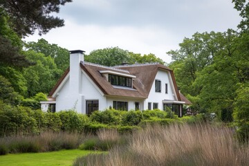 Obraz premium A charming white country house with a traditional thatched roof is nestled amid vibrant greenery, creating a peaceful retreat on a cloudy day
