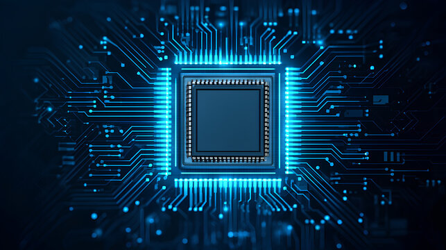 CPU with Light Glowing Neon Frame on Circuit Board. Technology Semiconductor on Blue Background. Empty AI Chip. Digital Tech Bg. Big Data and Artificial Intelligence Concept. Vector Illustration. - Powered by Adobe