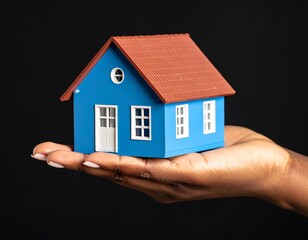 Miniature blue house held in a hand