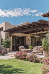 Fototapeta premium Charming desert home with outdoor lounge area surrounded by blooming flowers in warm sunlight showcasing southwestern architecture