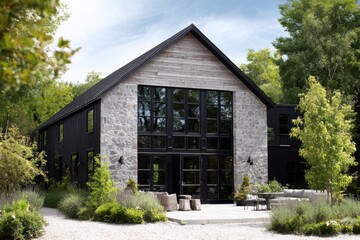 A contemporary architectural farmhouse nestled amidst vibrant greenery, set in a tranquil rural landscape that radiates peace during the day