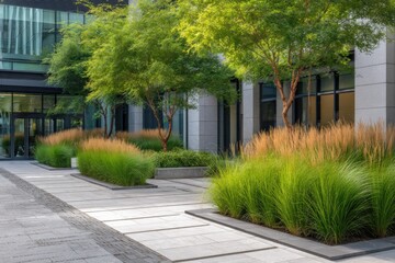 Fototapeta premium Contemporary urban landscape featuring lush greenery and modern architecture in a serene courtyard setting during daylight hours