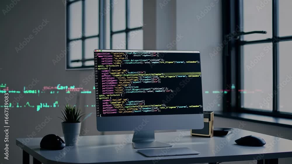 Poster modern workspace with a computer displaying code, shot from a side angle. minimalist style with natu