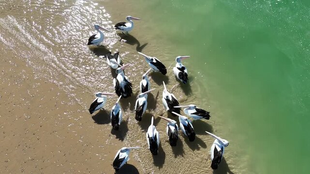 Australian pelicans on the sandy shore of Coorong National Park &ndash; captured in 4K aerial drone footage of wildlife habitats from Murray Mouth Lookout, Hindmarsh Island, Goolwa, South Australia