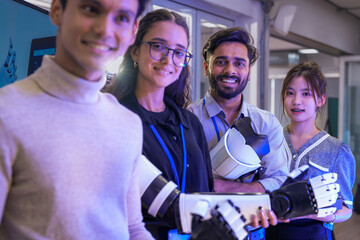 Pioneering human-robot symbiosis. A diverse group of engineers and designers proudly present a...