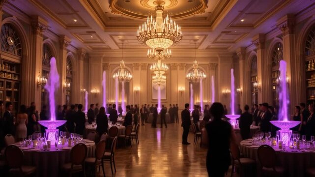 An elegant ballroom set for a New Year's gala with chandeliers, champagne fountains, and people in formal attire. 4k video