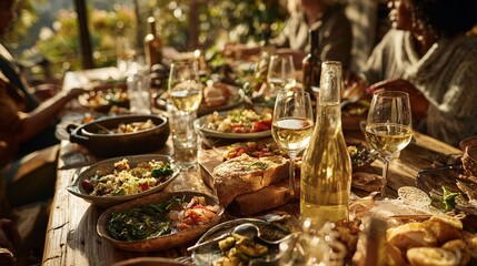 Outdoor dining table filled with food and drinks with people in background.