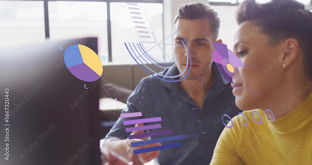 Aufkleber woman scrolling desktop and man pointing causing animated charts updating for business data review