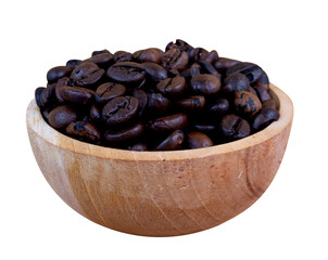 bowl of roasted coffee beans isolated on white background