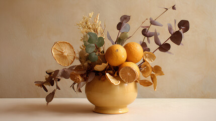 Naklejka premium Dried Orange and Eucalyptus Arrangement in a Yellow Pot