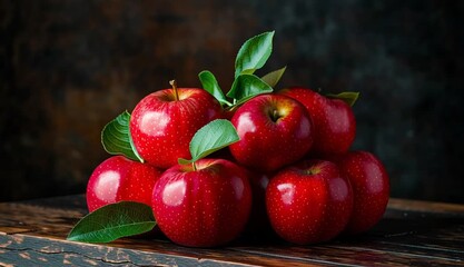 Shiny red apples with green leaves forming a pyramid shape on a wooden table against a dark background
- Powered by Adobe