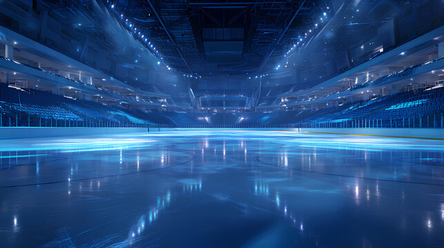 Empty ice rink with cool blue lighting, highlighting the serene atmosphere of the arena.