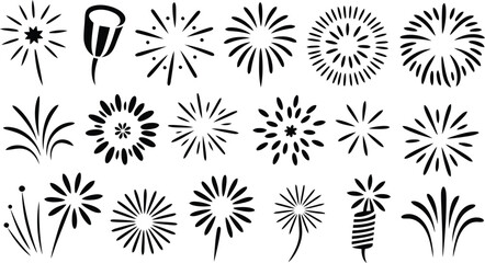 Hand-drawn firework vectors, decorative holiday explosions, and celebration spark bursts. Vector illustration on white background.