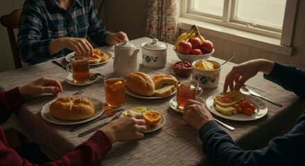 Family enjoying a wholesome breakfast meal with tea, bread rolls, and fruit at a dining table
