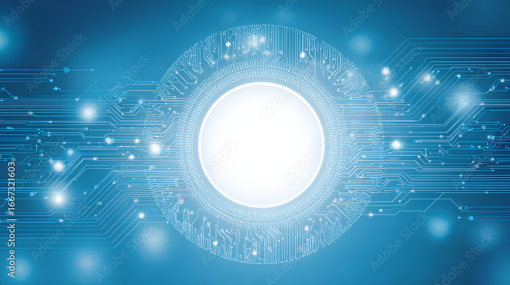 Poster futuristic technology background with white circle circuit wires on light blue motherboard. ai chip 