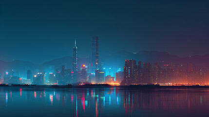 Fototapeta premium Glowing City Skyline at Night: Futuristic Urban Landscape