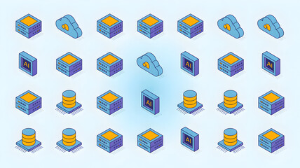 Isometric Icons of Servers Cloud and AI data technology