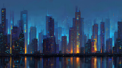 Fototapeta premium Glowing City Skyline at Night: Futuristic Urban Landscape