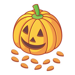 Fototapeta premium A happy jack-o'-lantern pumpkin with scattered seeds on a white background