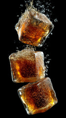 Falling ice cubes create refreshing splash in dark background, capturing essence of cool beverage