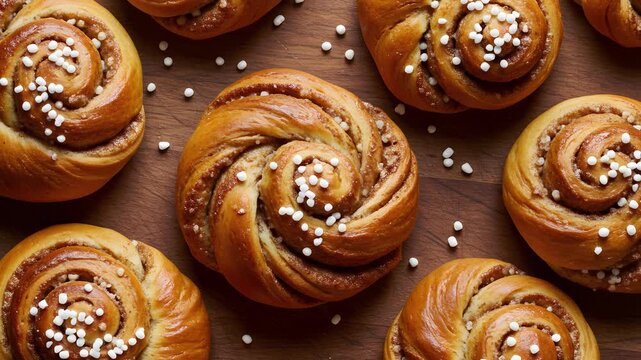 Cinnamon Rolls Delight: A delightful array of freshly baked, golden cinnamon rolls, each with a spiral form topped with sugar sprinkles, rests invitingly on a wooden surface.