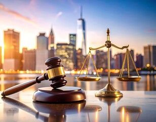 Law and justice symbols against a cityscape backdrop