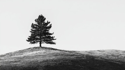 Minimalist black and white landscape featuring solitary tree on hill, evoking sense of tranquility and solitude
