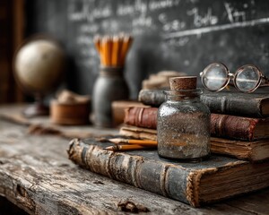 Glasses, books, pencils stand on table in front of chalkboard
