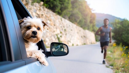 A dog enjoying the car ride while a man jogs on the road alongside nature